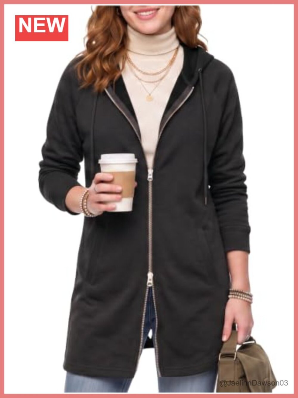 Oversized Long Tunic Two-Way Zip Fleece Hoodie Jacket Cotton Blend